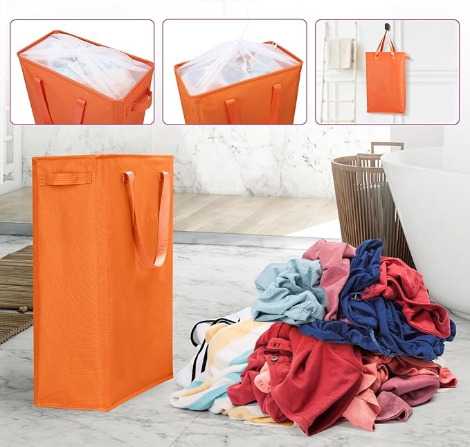 Odonata Slim Laundry Hamper Handles Collapsible Laundry Basket Thin Dirty Clothes Basket Narrow Laundry Bag Foldable Dirty Hamper 45L (Orange) - Image 7