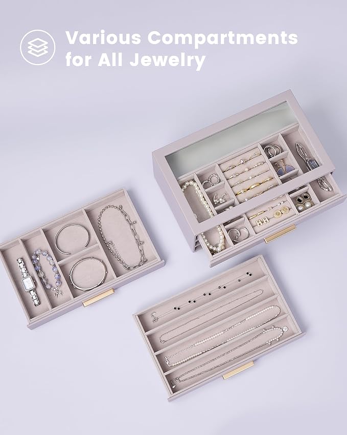 Lolalet Jewelry Box Organizer, 3-Layer Jewelry Organizers and Storage Case with Glass Lid, Ring Earring Bracelet Necklace Holder Organizer, Birthday Valentine Gifts for Women Girls -3Layer, HazePurple - Image 3