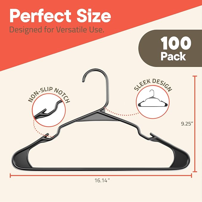 Gray Plastic Hangers 100 Pack– Heavy-Duty Plastic Hangers Slim and Space-Saving, Durable and Lightweight PP with Non-Slip Shoulder Notches for Slip Dresses, Suits, Jackets & Camisoles - Image 2