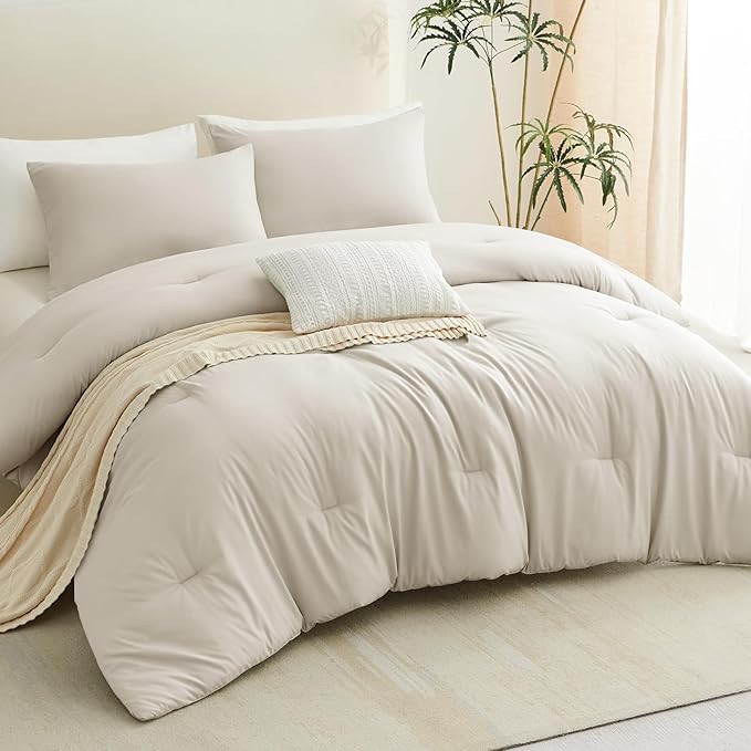 CozyLux California King Comforter Set Beige, 3 Pieces Cal King Solid Breathable Quilted Bedding Sets, Cozy Luxury Fluffy Soft Bed Sets with Down Alternative Comforter and 2 Pillowcases for All Season