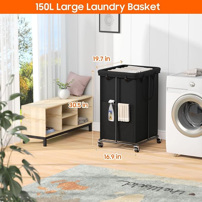 150L Laundry Hamper with Wheels, Rolling Laundry Basket with Metal Frame and Removable Bag, Large & Tall Dirty Clothes Hampers for Bedroom Aesthetic, Laundry Room, Bathroom, Dorm-Black - Image 2