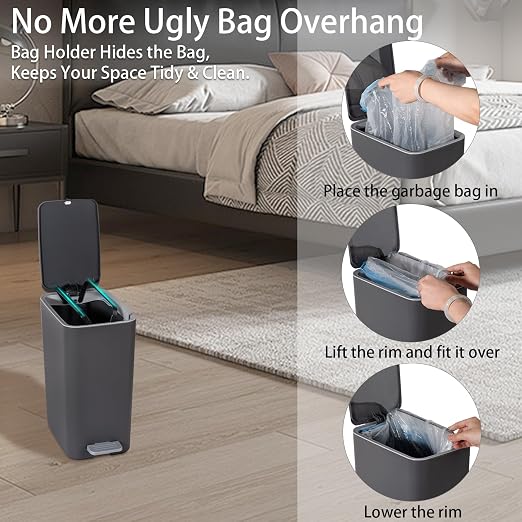 rejomiik Small Bathroom Trash Can with Lid, 2.1 Gallon Step Garbage Can with Handle, Slim Mini Wastebasket Bin for Bedroom, Office, Dorm, Dark Gray - Image 5