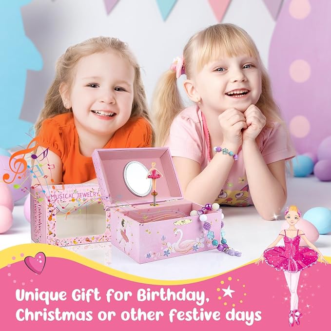 Girls' Musical Jewelry Box Organizer with Jewelry Set - glittering pink Spinning Ballerina Theme, Swan Lake Tune - Jewelry Storage and Music Box for Girls - Image 4
