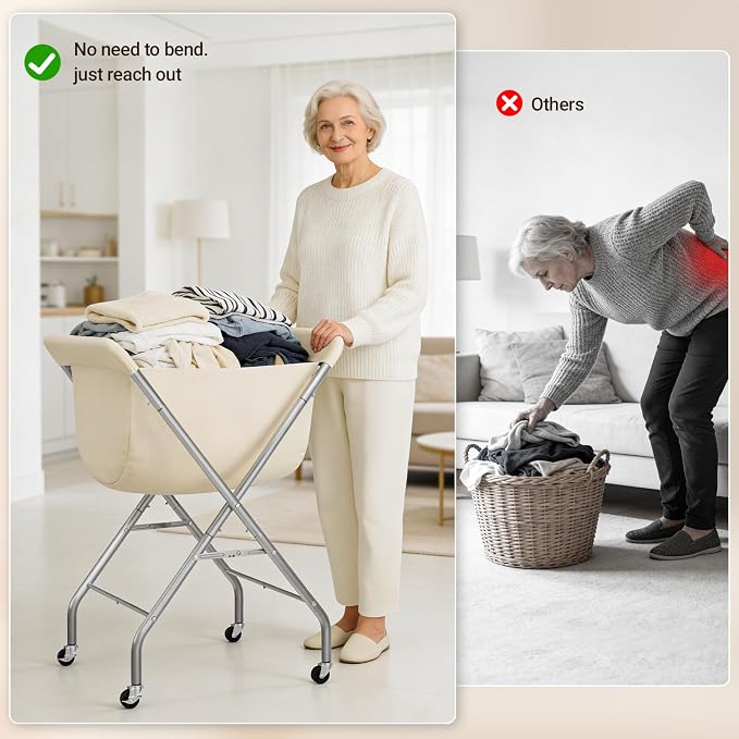 ELYKEN Laundry Cart with Wheels, 33”H Easy Rolling Laundry Hamper with Removable Liner Bag, Sturdy Metal Frame Clothes Basket with 4 Casters and 2 Brakes - Image 6