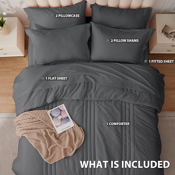 Full Comforter Set Dark Grey - Bed in a Bag Full Size 7 Pieces, Soft Bedding Set for All Seasons, Premium Comforter Set with Comforter, Sheets, Pillowcases & Shams