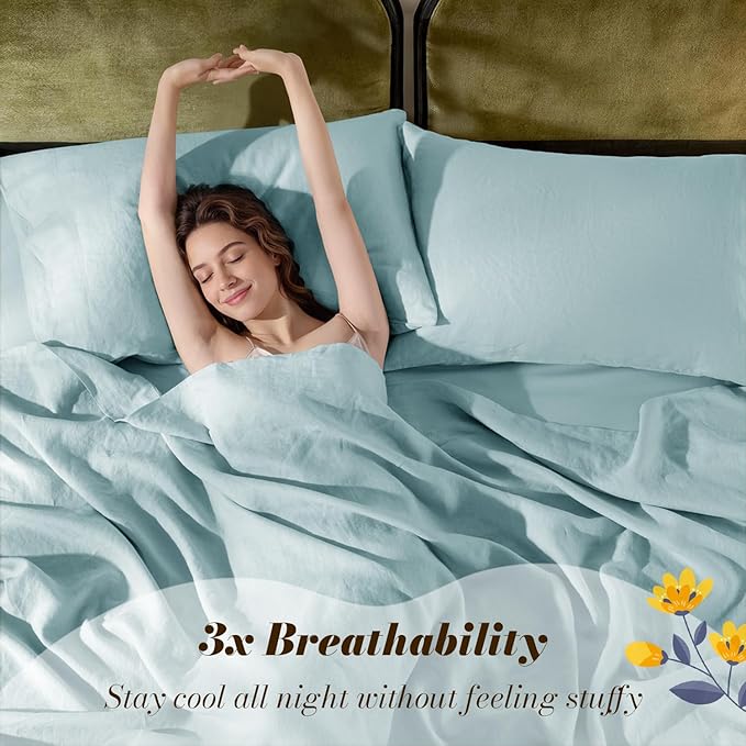 SONORO KATE 100% French Pure Linen Sheets, Breathable and Durable Linen King Size Sheets, Anti-Tear Linen Bed Sheets, Machine Washable, 16 Inch Deep Pocket - 4 Piece (Ocean, King)
