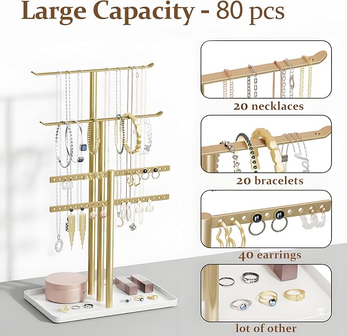 pickpiff Jewelry Stand Holder Organizer: 14.5" Sturdy Hanger for 80 Pcs Jewelry, Gift for Women, Gold Jewlery Tower for Necklace, Earring, Bracelet - Image 2