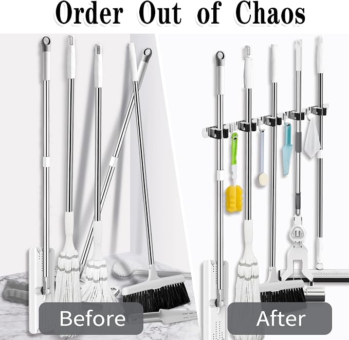 AceMining 5 Racks and 4 Hooks Mop and Broom Holder Wall Mount, Broom Organizer Storage Tool Racks Stainless Steel Heavy Duty Hooks Self Adhesive Solid Non-slip for Home Kitchen Garden Laundry Garage - Image 6