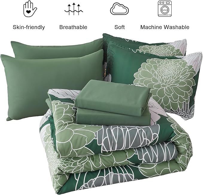 Yiran 7 Pieces King Size Comforter Set,Dark Green Floral Bed in a Bag Comforter and Sheet Set, Soft Microfiber Lightweight Bedding Set for All Season 104"×90"