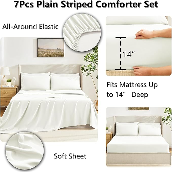 CozyLux King Size Comforter Set Ivory, 7 Pieces Bed in a Bag, Ivory Comforter King Size, Bedding Sets with All Season Quilted Comforter, Flat Sheet, Fitted Sheet, Pillowcases