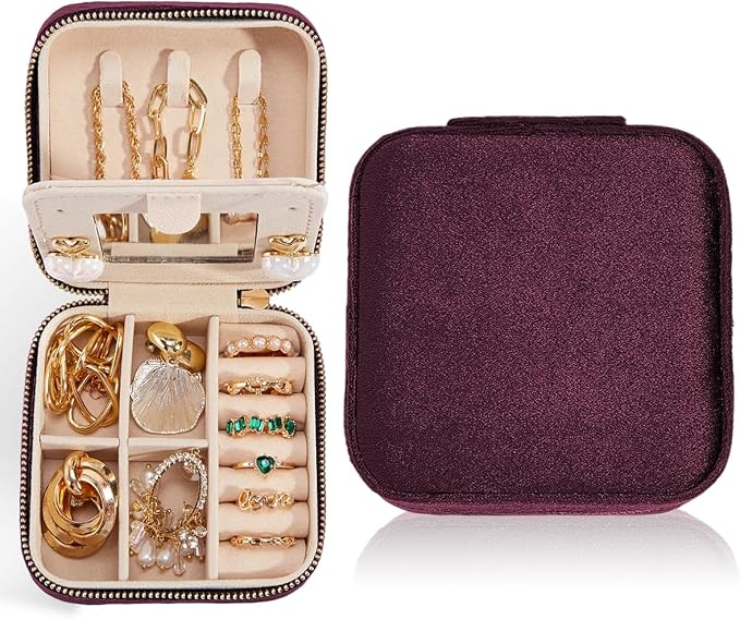 Smileshe Travel Velvet Jewelry Box with Mirror, Mini Gifts Case for Women Girls, Small Portable Organizer Boxes for Rings Earrings Necklaces Bracelets - Image 2