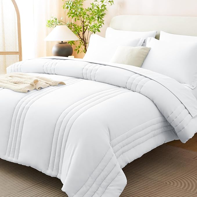 CozyLux Full Comforter Set - 7 Pieces Bed in a Bag White Comforter Set with Sheets Luxury Bed Set All Seasons, Soft Bedding Set with Down Alternative Comforter, Sheets, Pillowcases & Shams