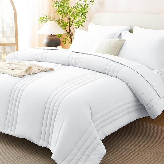CozyLux Queen Comforter Set - 7 Pieces Bed in a Bag White Comforter Set with Sheets Luxury Bed Set All Seasons, Soft Bedding Set with Down Alternative Comforter, Sheets, Pillowcases & Shams