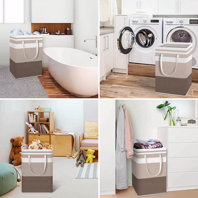 HomeHacks 2-Pack Large Laundry Basket, Waterproof, Freestanding Laundry Hamper, Collapsible Tall Clothes Hamper with Extended Handles for Clothes Toys in the Dorm and Family (Brown, 75L) - Image 6