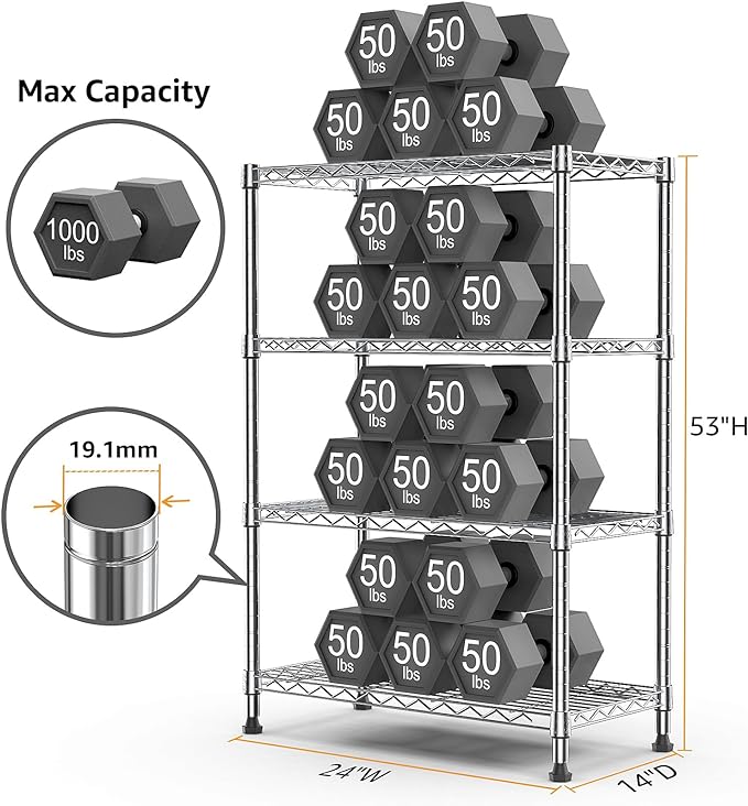 M MZG 1000 lbs Storage Shelving 4-Tier Utility Shelving Unit Steel Organizer Wire Rack for Home,Kitchen,Office,Chrome (13.7" D x 23.6" W x 53.4" H) - Image 3