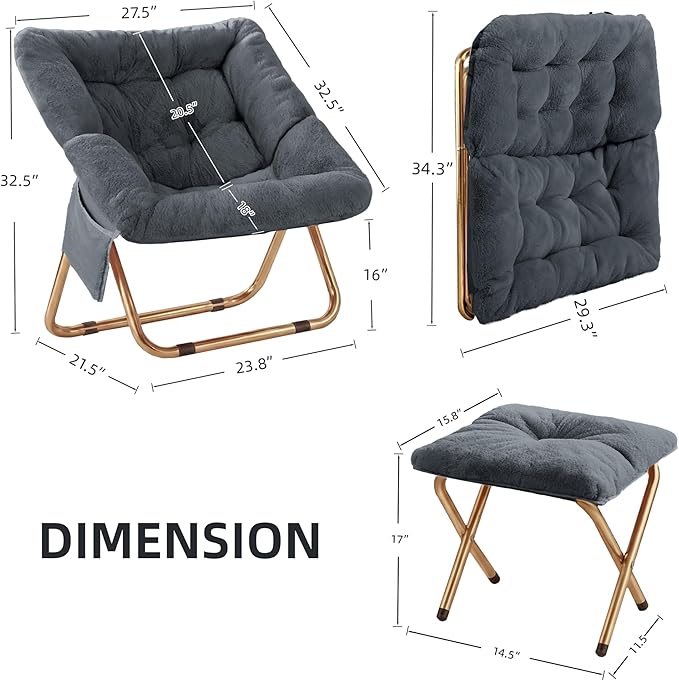 Kasunpul Comfy Saucer Chair, Foldable Living Room Chairs, Soft Faux Fur Lounge Chair for Bedroom, Reading Chairs for Adults, Teens, X-Large (Dark Grey)