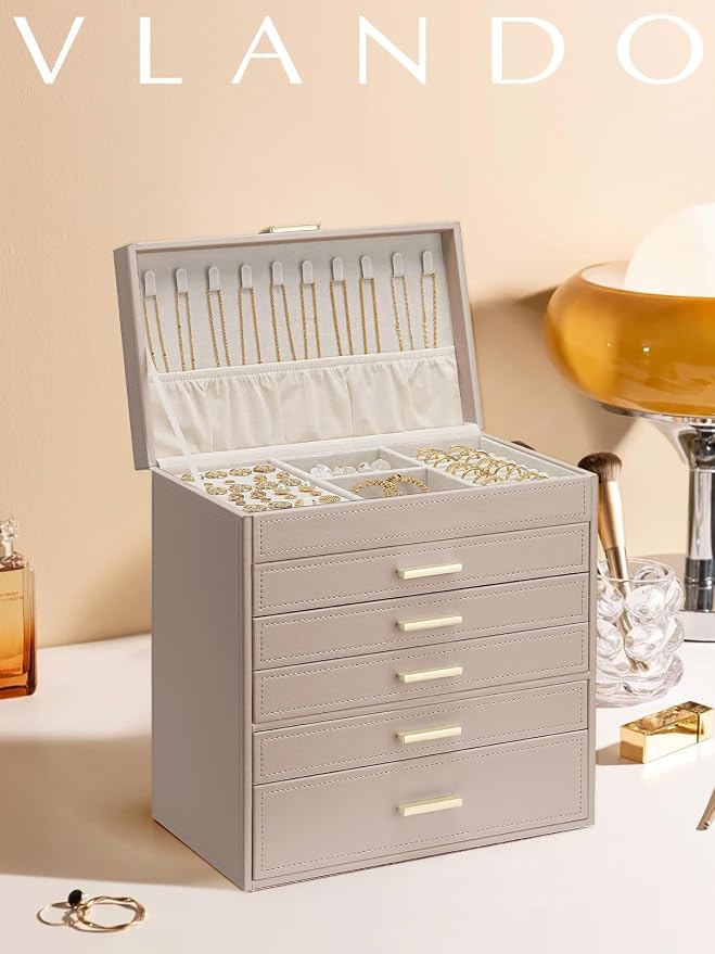 VLANDO 6 Layer Large Jewelry Box - Jewelry Holder Organizer, Jewelry Box Organizer for Drawer Necklace Ring Bracelet and Watch, Birthday Gift for Loved Ones - Toffee - Image 2