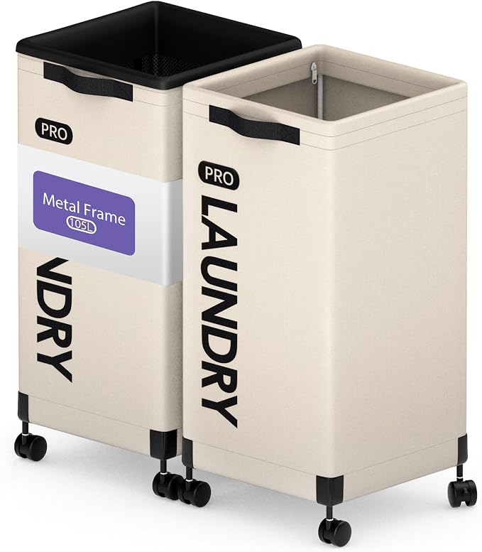 Caroeas Next-Gen 105L Matel Frame Laundry Basket with wheels, Heavy Duty Tall Rolling Laundry Hamper with Removable Wash Bag, Collapsible Freestanding Clothes Hamper (100L,Beige,2Pack) by Caroeas