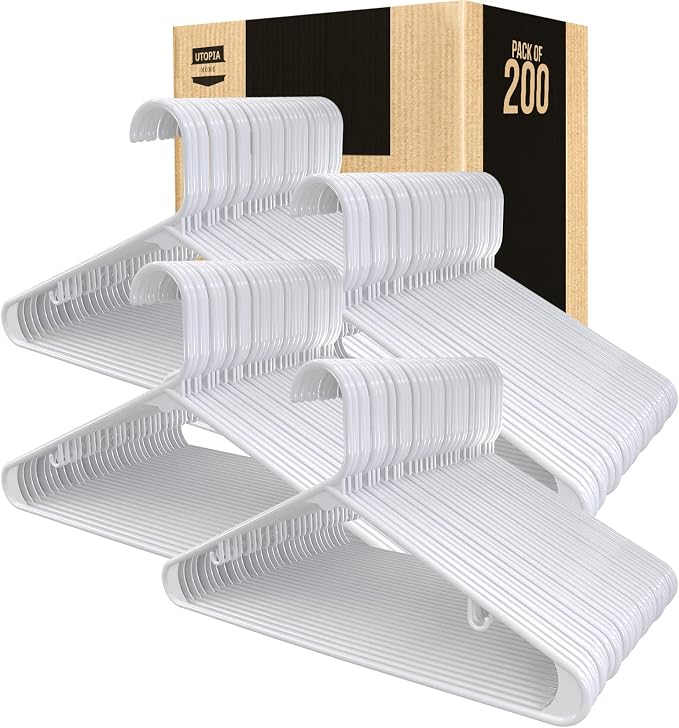 Utopia Home Plastic Hangers 200 Pack - Space Saving Clothes Hanger - Durable & Strong Closet Organizers and Storage with Built-in Strap Hooks - Essential for Shirts, Pants, Skirts & Coats (White) - Image 6
