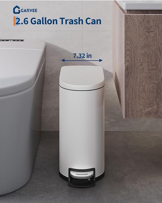 Garvee 13 gal (50 L) and 2.6 gal (10 L) Metal Trash Can Combo Set, Rustproof Garbage Can with Lid, Step-on Trash Bin with Inner Bucket, Rear Handle, White - Image 3