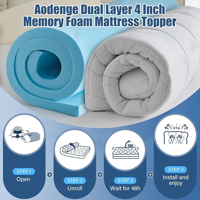 4 lnch Dual Layer Mattress Topper Twin Size, 2 Inch Cooling Gel Memory Foam and 2 Inch Soft Pillow Top Mattress Pad Cover for Back Pain, with Elastic Deep Pocket