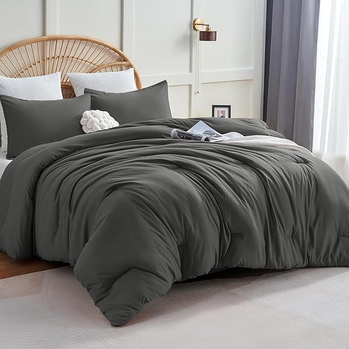 CozyLux Oversized Queen Comforter Set Dark Grey, 3 Pieces 98x98 Solid Breathable Bedding Sets All Season, Dark Gray Luxury Soft Lightweight Bed Set with Down Alternative Comforter and 2 Pillowcases