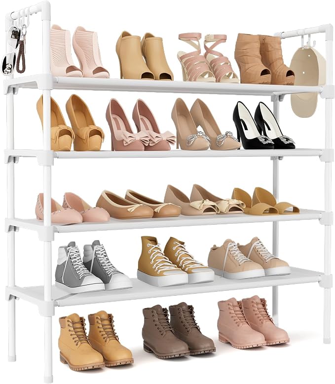 LANTEFUL 4 Tier Shoe Rack for Closet Shoe Organizer with 5 Hooks, Long Shoe Shelf Storage for Shoe and Boot Stackable Free Standing Shoe Rack for Entryway, Garage, Small Spaces, Dorm, White by LANTEFULforTidyingHouse