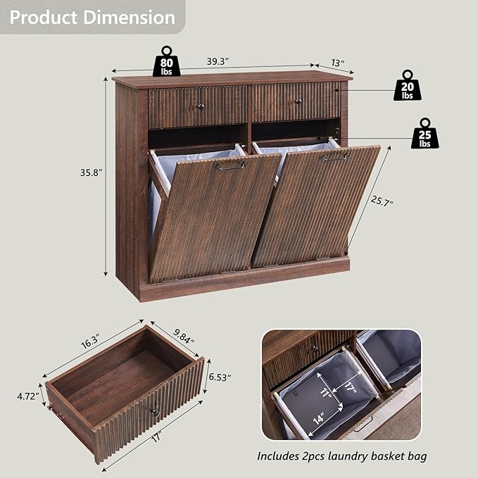 IFBUY Modern Double Tilt-Out Laundry Hamper Cabinet, 20 Gallon Fluted Trash Can Cabinet w/2 Drawers, Wooden Hidden Garbage Can Cabinets w/Laundry Basket, Free Standing for Bathroom and Kitchen, Brown - Image 2