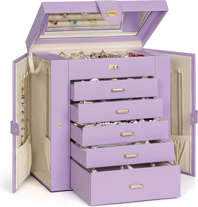 AKOZLIN Extra Large 6-Tier Jewelry Box Organizer Functional Huge, 5 Drawers Leather Jewelry Storage Case for Women Girls Ring Necklace Earring Bracelet Holder Organizer with Mirror Violet by AKOZLIN