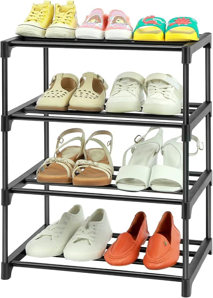 HITHIM 4-Tier Small Shoe Racks, Narrow Shoe Rack for 6-8 Pairs Shoe Storage,Kids Shoe Racks for Small Place,Lightweight Stackable Shoe Shelf Organizer for Closet,Black by HITHIM