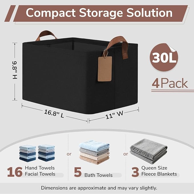 CHICVITA 4 Pack Large Storage Baskets for Shelves, Collapsible Shelf Baskets for Organizing, Fabric Closet Organizers and Storage Bins with Metal Frame, 16.8" x 11" x 9.8", Black - Image 3