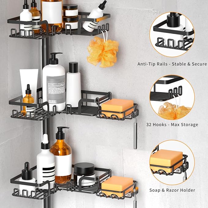 KEGII Shower Caddy Tension Pole – 4-Tier Adjustable Corner Bathroom Organizer Shelves with 2 Soap Holders, Hooks, Floor to Ceiling Storage Rack for Families & Renters, 25-114.2 Inch - Image 3