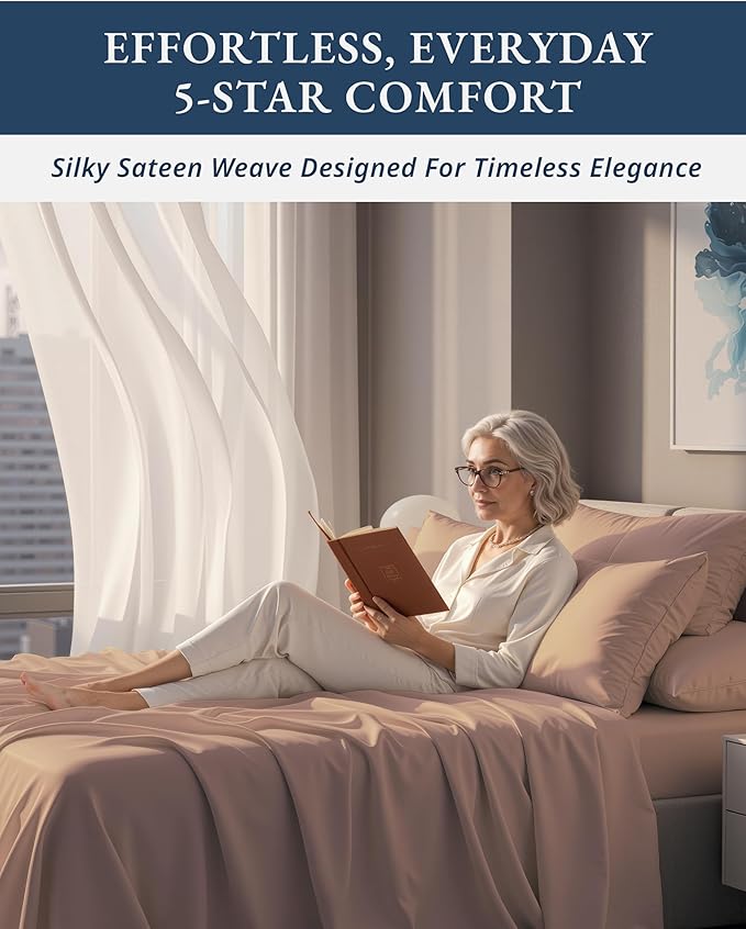 LANE LINEN Luxury 100% Egyptian Cotton Bed Sheets Full Size, Fully Elasticized Reinforced 15 Inch Extra Deep Pocket Full Sheets, Soft & Comfy Sateen Weave for Silky Finish - Sepia Rose