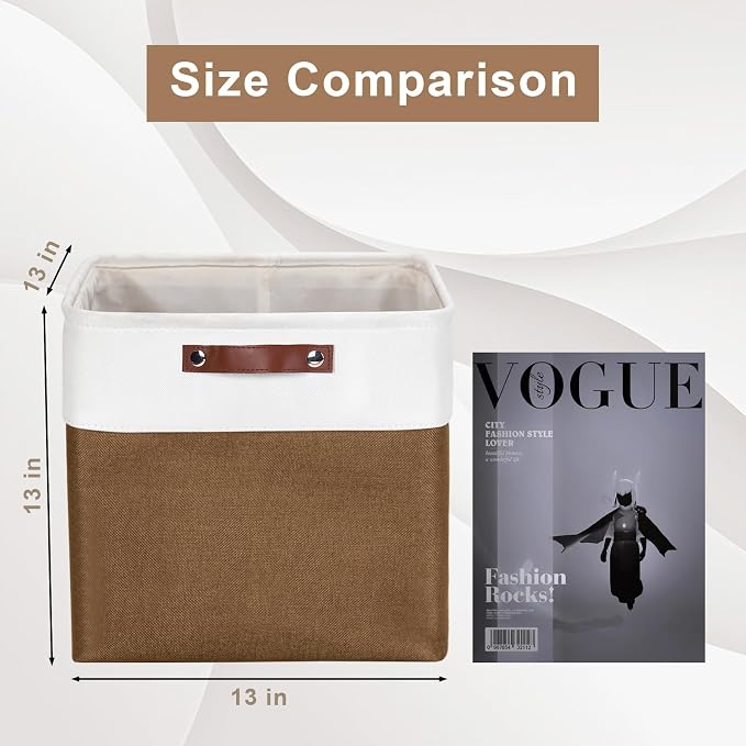 Bagnizer 13x13 Cube Storage Bins, Collapsible Fabric Storage Box, 4 Pack Closet Baskets with Handles for Organizing, Shelf, Toys, Clothes, Home, Office, Nursery (Brown&White) - Image 3