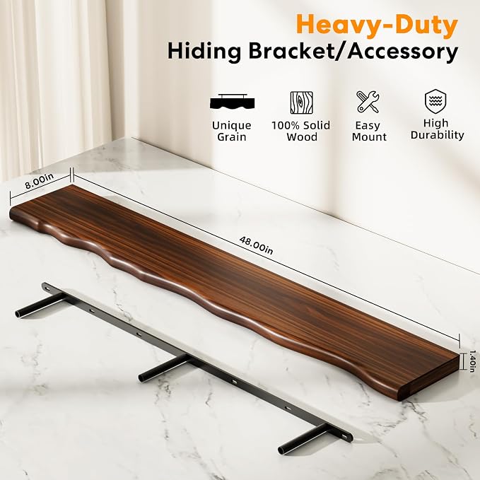 Floating Shelves for Wall Rustic Farmhouse 48 Inch Floating Shelf Bathroom Wooden Shelves for Wall Mounted Live Edge Pine Shelf with Unique Natural Grain for Living Room Bedroom Kitchen (Walnut) - Image 3