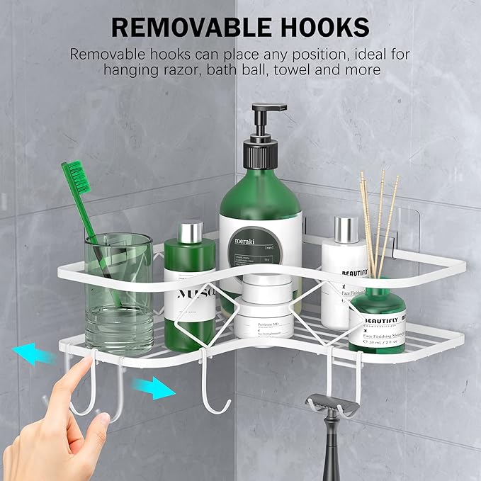Shower Caddy, 2 Pack Corner Organizer Shelf, Rustproof Wall Mount Shower Storage Rack, No Drilling, 40 lbs Capacity (Glossy White) - Image 3