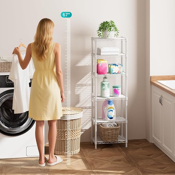 SINGAYE 6 Shelves Storage Shelf Wire Closet Bathroom Organizers Metal Pantry Kitchen Small Garage Shelving Unit Laundry Room Organization Home Corner Rack Estantes para Cocina White 10" Dx16 Wx60”H - Image 4
