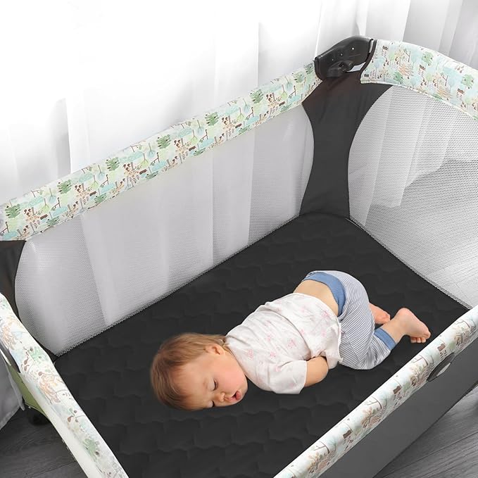 Pack and Play Mattress Pad Waterproof, Pack and Play Sheets Quilted- 39" x 27" Fitted, Black