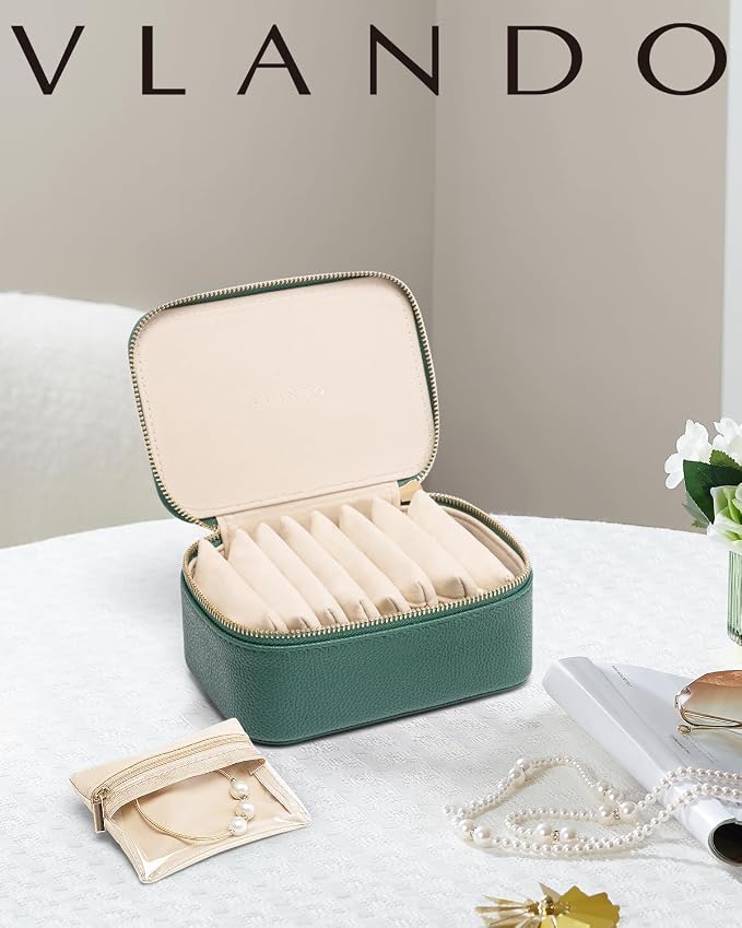 VLANDO Jewelry Travel Case,Travel Jewelry Organizer with Clear Velvet Jewelry Bags 8Pcs Zipper Pouch for Women Girl Gift-Green - Image 3