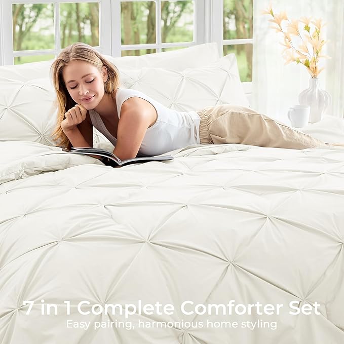 Sasttie Twin Comforter Set, 5-Piece Bed in a Bag, Pintuck Bedding Sets for All Season, Includes Comforter, Flat Sheet, Fitted Sheet, Pillowcase and Pillowsham, Ivory