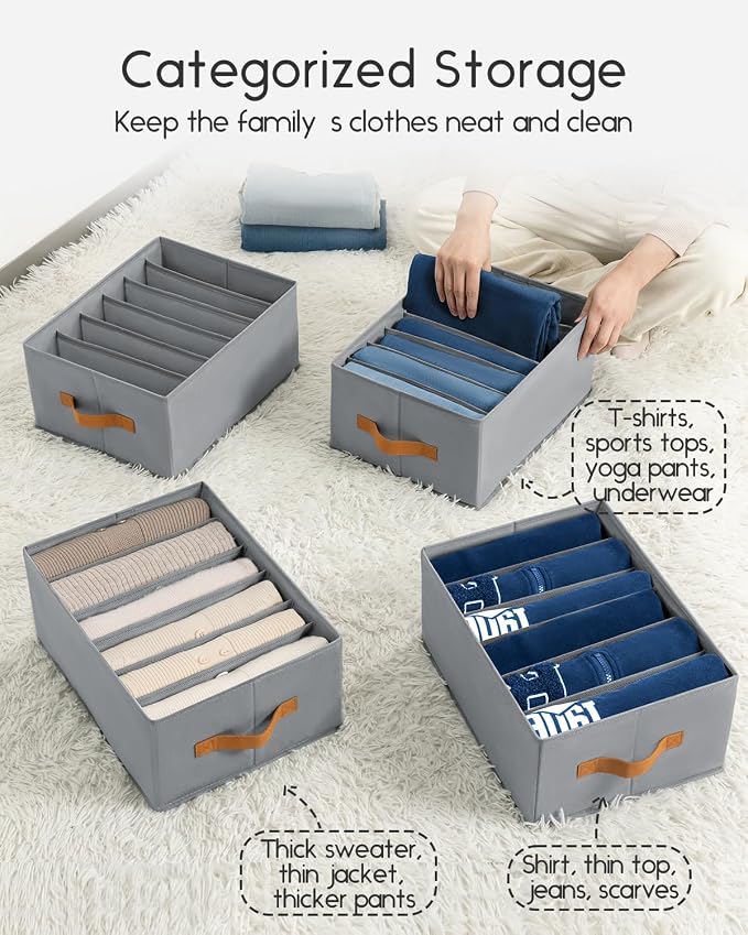 Homsorout Closet Organizers and Storage - Fabric Clothes Organizer with Handles, Foldable Jeans Organizer for Clothes, Drawer Organizer for Shirts, Bra, Sweater, Scarf, 4 Pack, Grey - Image 2