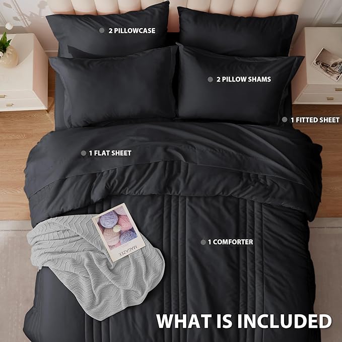 Full Comforter Set Black - Bed in a Bag Full Size 7 Pieces, Soft Bedding Set for All Seasons, Premium Comforter Set with Comforter, Sheets, Pillowcases & Shams