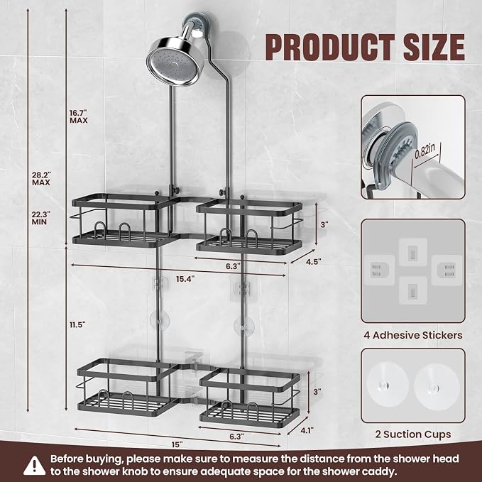REINHARDT Adjustable Shower Caddy Hanging Rustproof Shower Caddy for Handheld Showerheads, Shower Organizer with Hooks Soap Holder Toothbrush Holder, Anti-Swing Shower Rack Bathroom Accessories, Black - Image 6