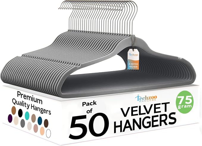 Techzoo Premium Velvet Hangers 50 Pack Ultra Thin Non Slip Adult Felt Space Saving Slim Suit Hanger for Closet Heavy Duty Coat Pants Jackets Dress Hangers 360° Swivel Hook Hold Upto 10 lbs Gray by TECHZOO