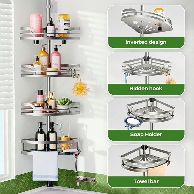 HAMITOR Shower Caddy Tension Pole：4-Tier Rustproof Bathroom Corner Shelf for Renters - 47-121inches Adjustable Bathtub Organizer with Soap Holder-large capacity rack for Shampoo Storage Home Accessory - Image 6