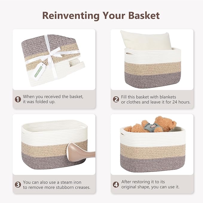 ECDYQXVU Cotton Rope Basket, Storage Baskets with Handle, 15x10x9 Inch Woven Basket for Shelves, Laundry, Towels, Clothes, Books (White Brown 2 Pack) - Image 3