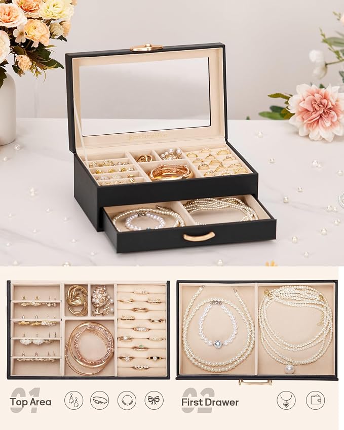 Enthralite Jewelry Box with 1 Drawers : Jewelry Display Organizer for Earrings Necklaces - Gift for Girls Women | Black - Image 5