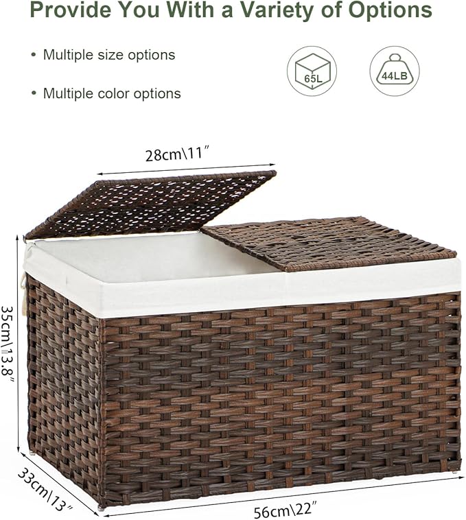 SETVSON Storage Basket with Lid Rattan Woven Storage Baskets with 2 Separate Lids, 17.2 Gallon (65 L), 22 x 13 x 13.8 Inches,Foldable, 2 Removable Liner Bags Handles for Bedroom, Laundry Room Brown - Image 4