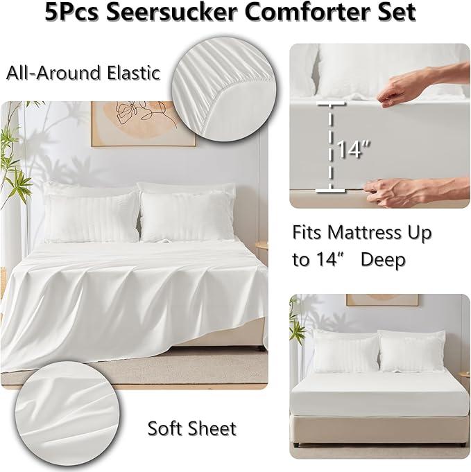 CozyLux Twin Comforter Set with Sheets 5 Pieces, White Seersucker Textured Bed in a Bag for Girls, Luxury Soft Bedding Sets with Down Alternative Comforter, Sheets, Pillowcase & Sham for All Seasons