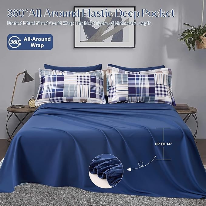 Comforter Set King Size Plaid Patchwork Comforter Bedding-7 Piece Bed in a Bag,Soft Fluffy Reversible Microfiber Bedding Set(1 Comforter,1 Flat Sheet,1 Fitted Sheet,2 Pillowcases,2 Pillow Shams),Navy